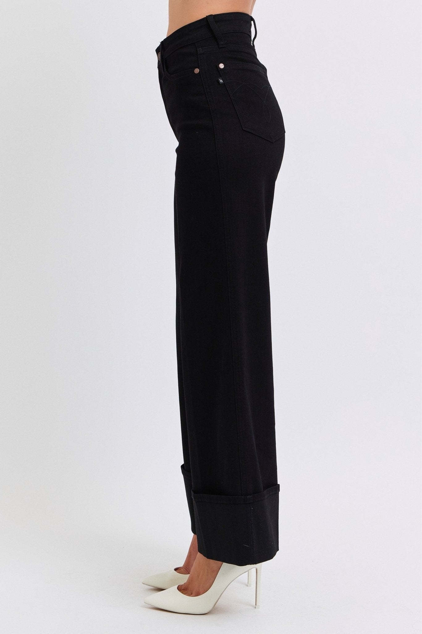 Judy Blue Black Retro Wide Cuffed-Leg Western Jean — Sleek Dark Denim, Ultra Stretch, Cuffed or Uncuffed (size 5 remains)