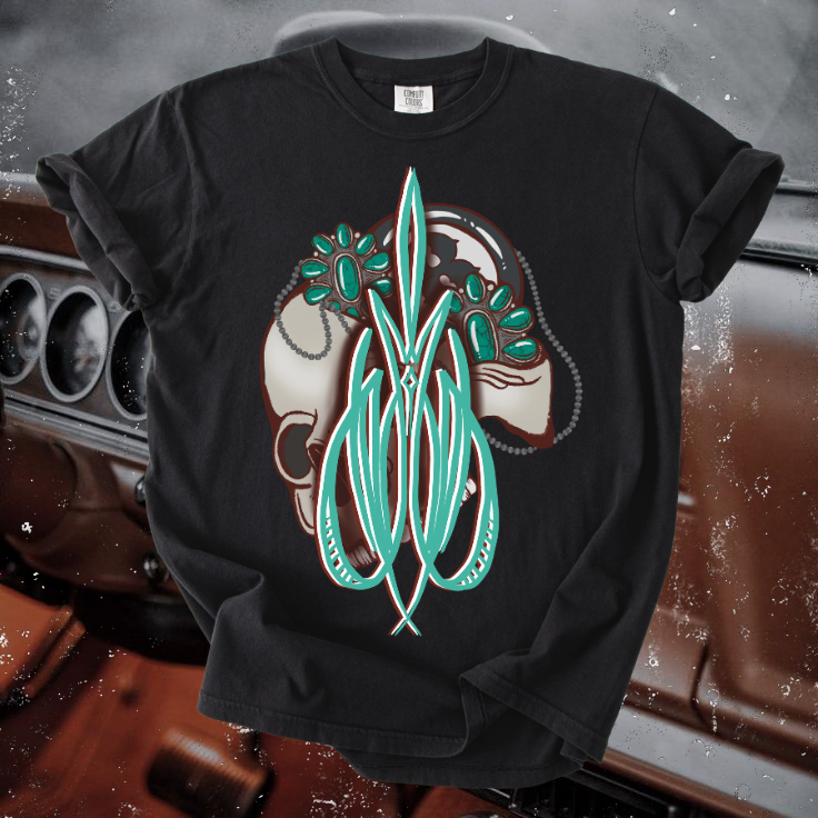 Turquoise skull pinstripe tee