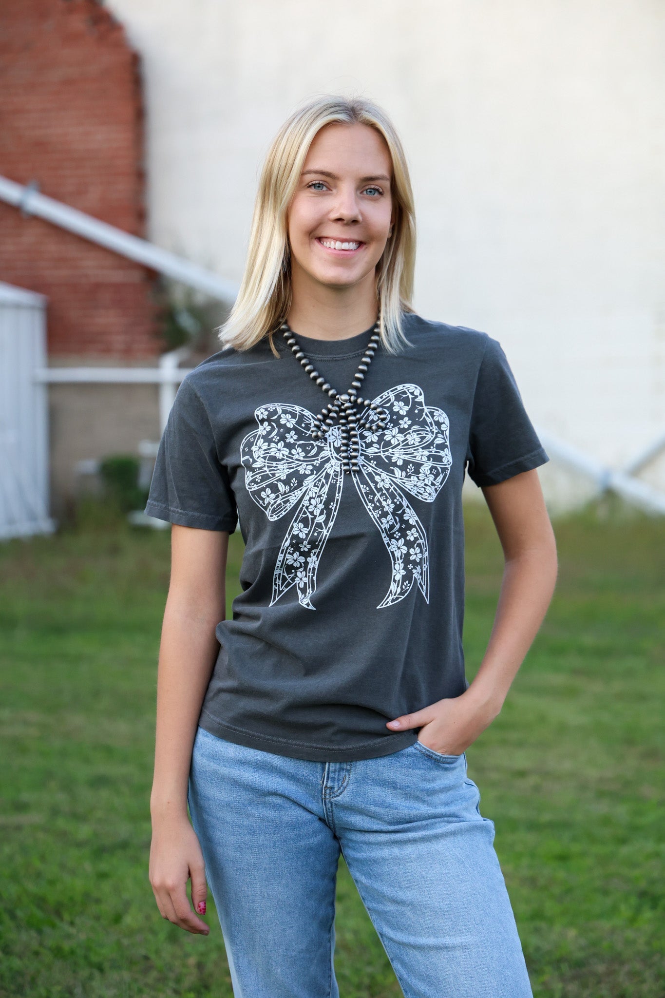 "Lace Bow" Western Graphic Tee — Comfort Colors with Feminine Lace Bow Detail