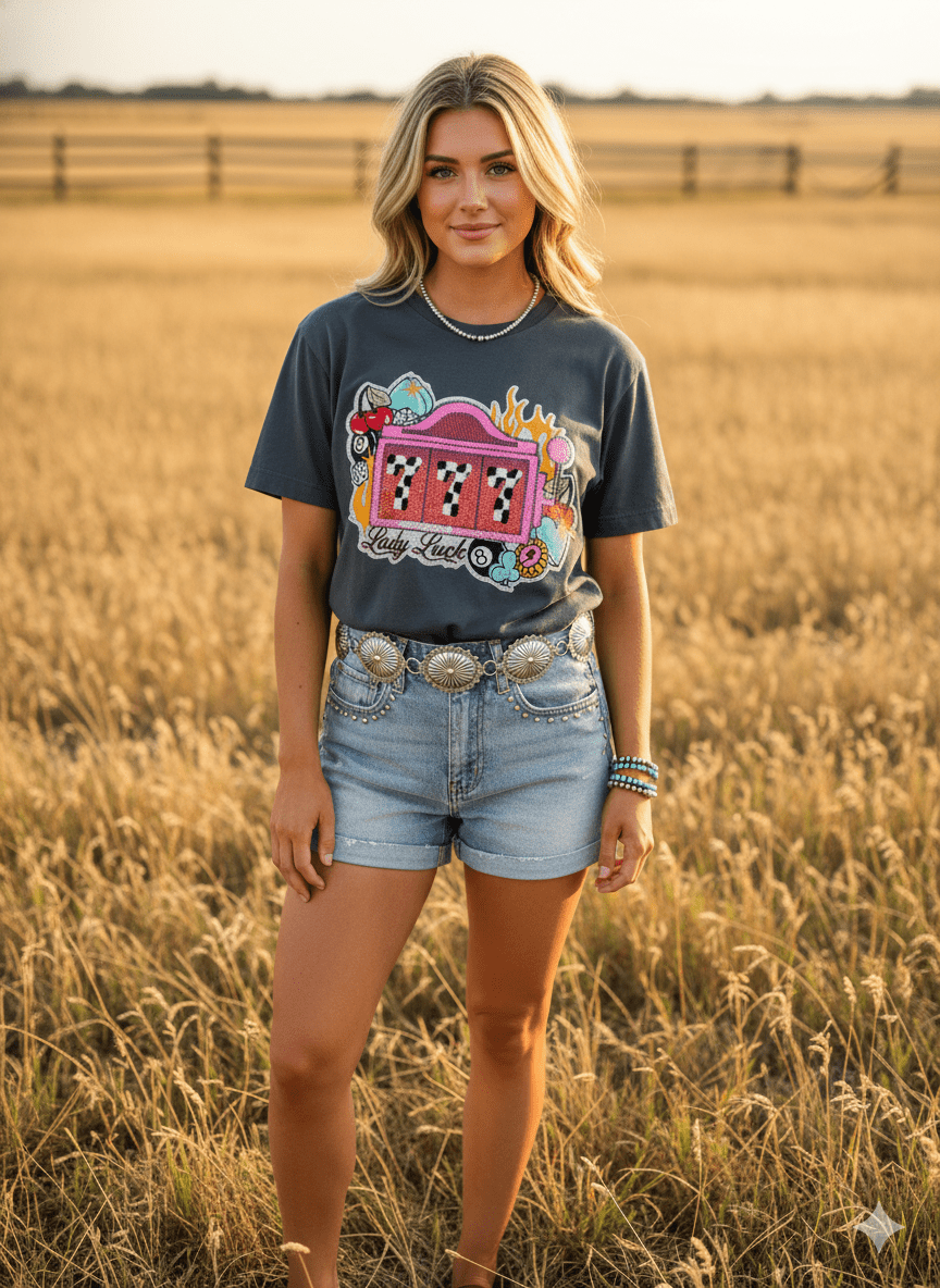 Lady Luck Slot Machine Sequin Patch Tee