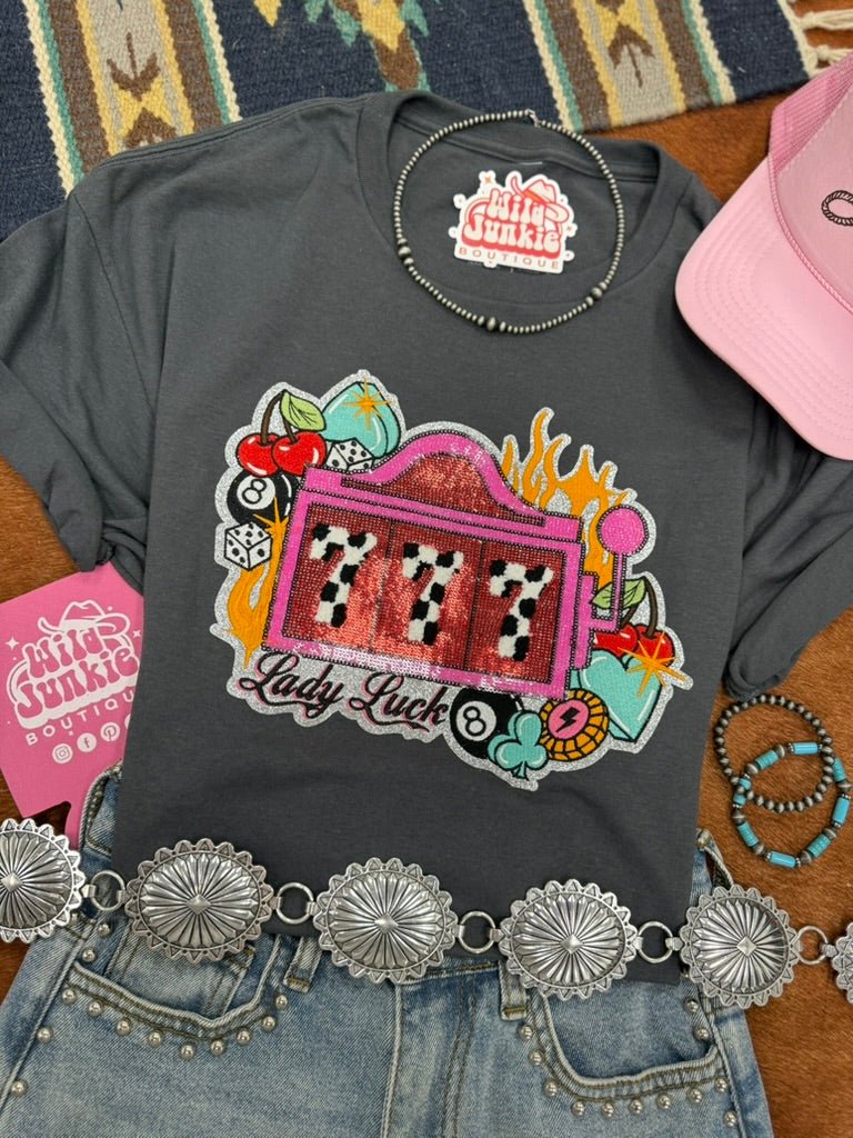 Lady Luck Slot Machine Sequin Patch Tee