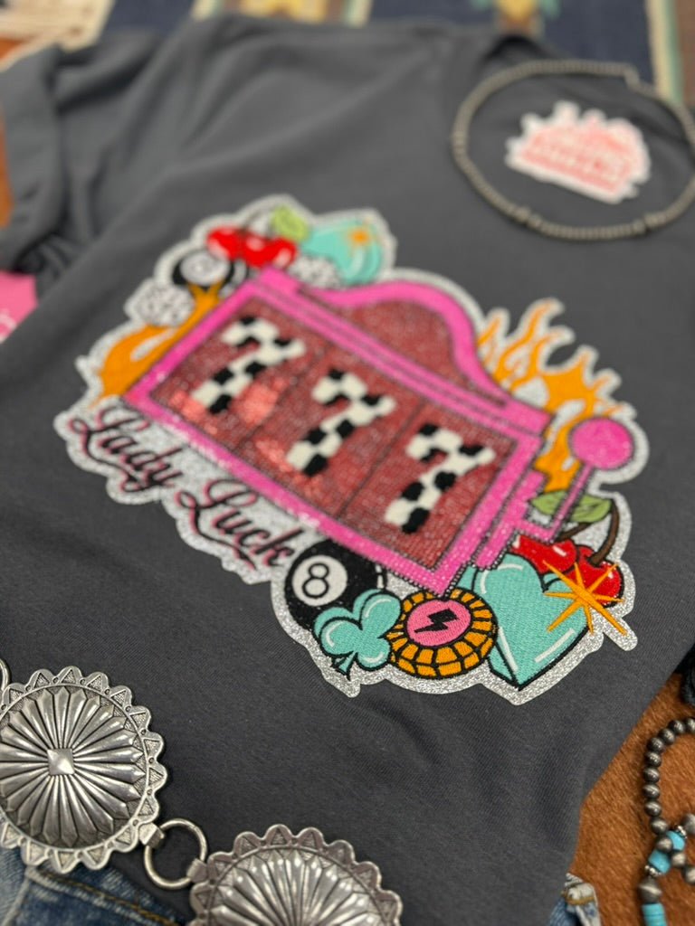 Lady Luck Slot Machine Sequin Patch Tee