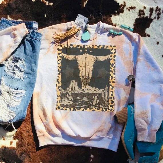 LEOPARD Bull Skull Sweatshirt, Boho Cowgirl