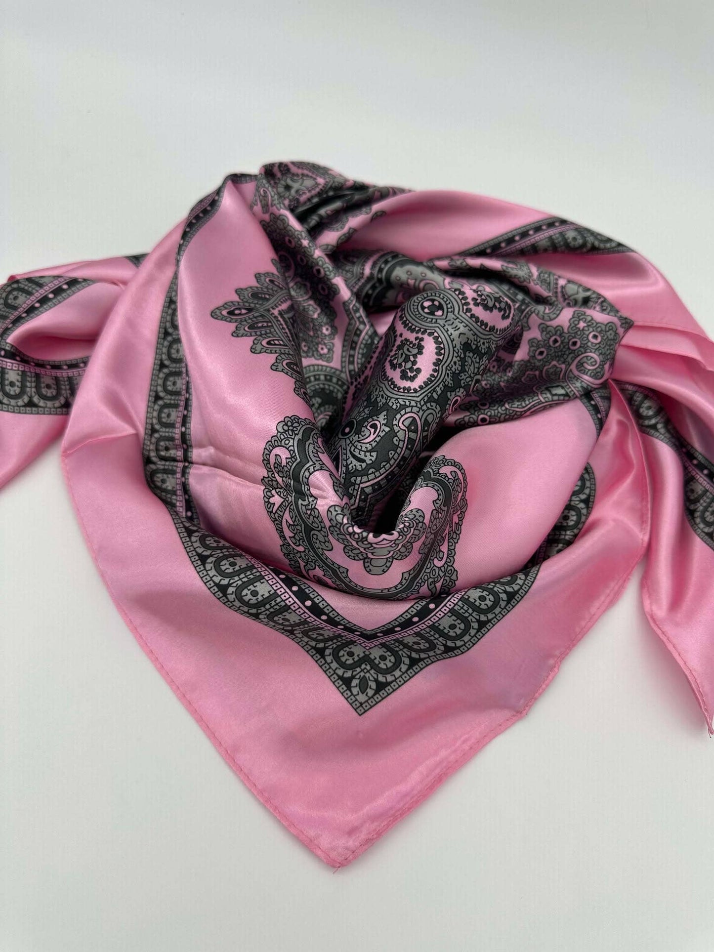 Light Pink Geo Border Wild Rag — 36" Poly Satin Playful Western Scarf