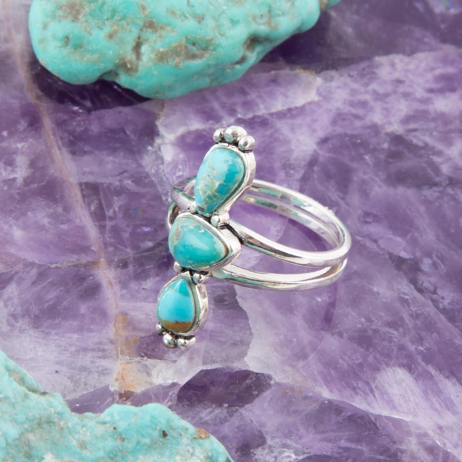Linear Triple Stone Blue Turquoise and Sterling Silver Ring