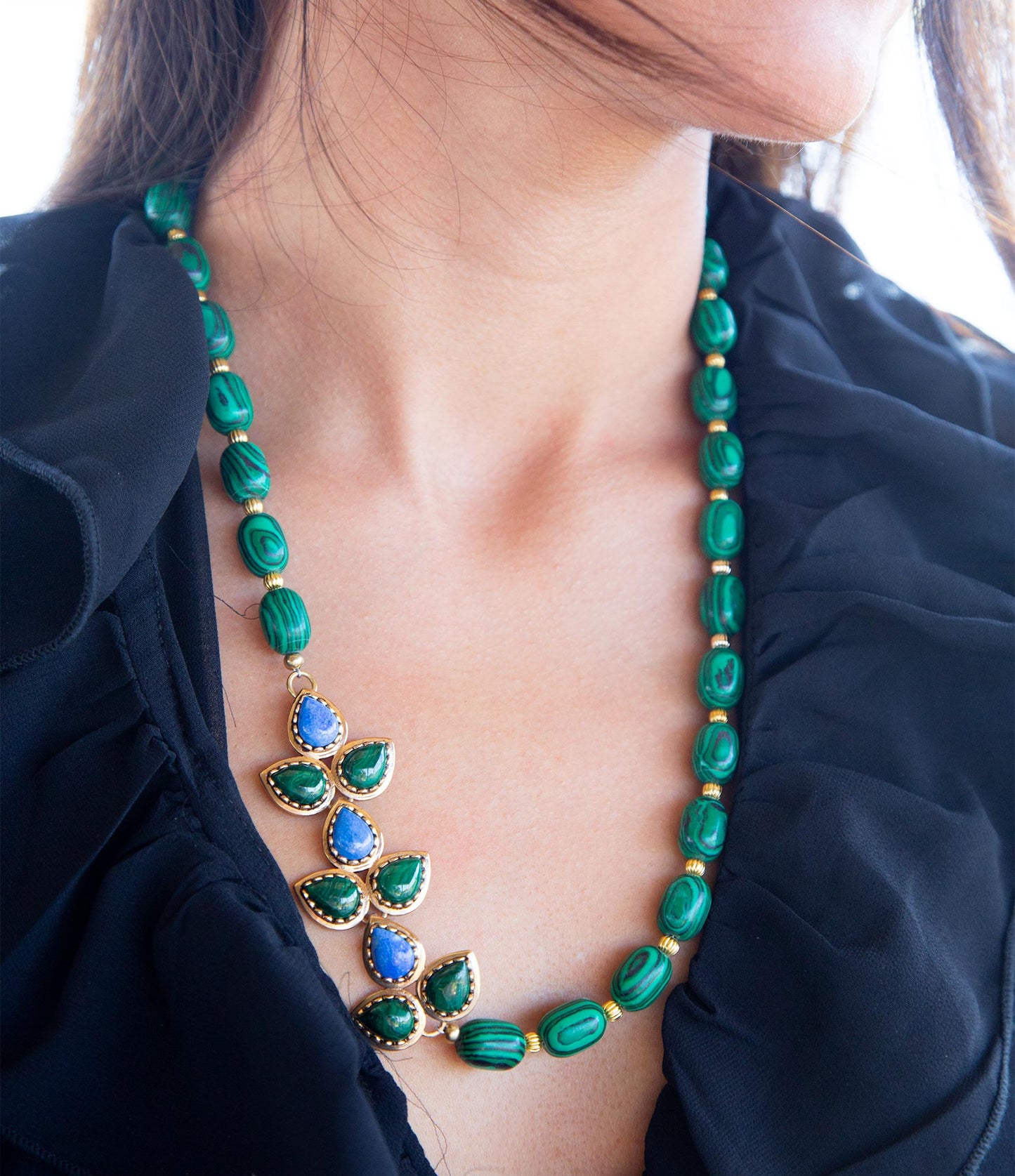 Linked Blue Lapis and Green Malachite Golden Necklace