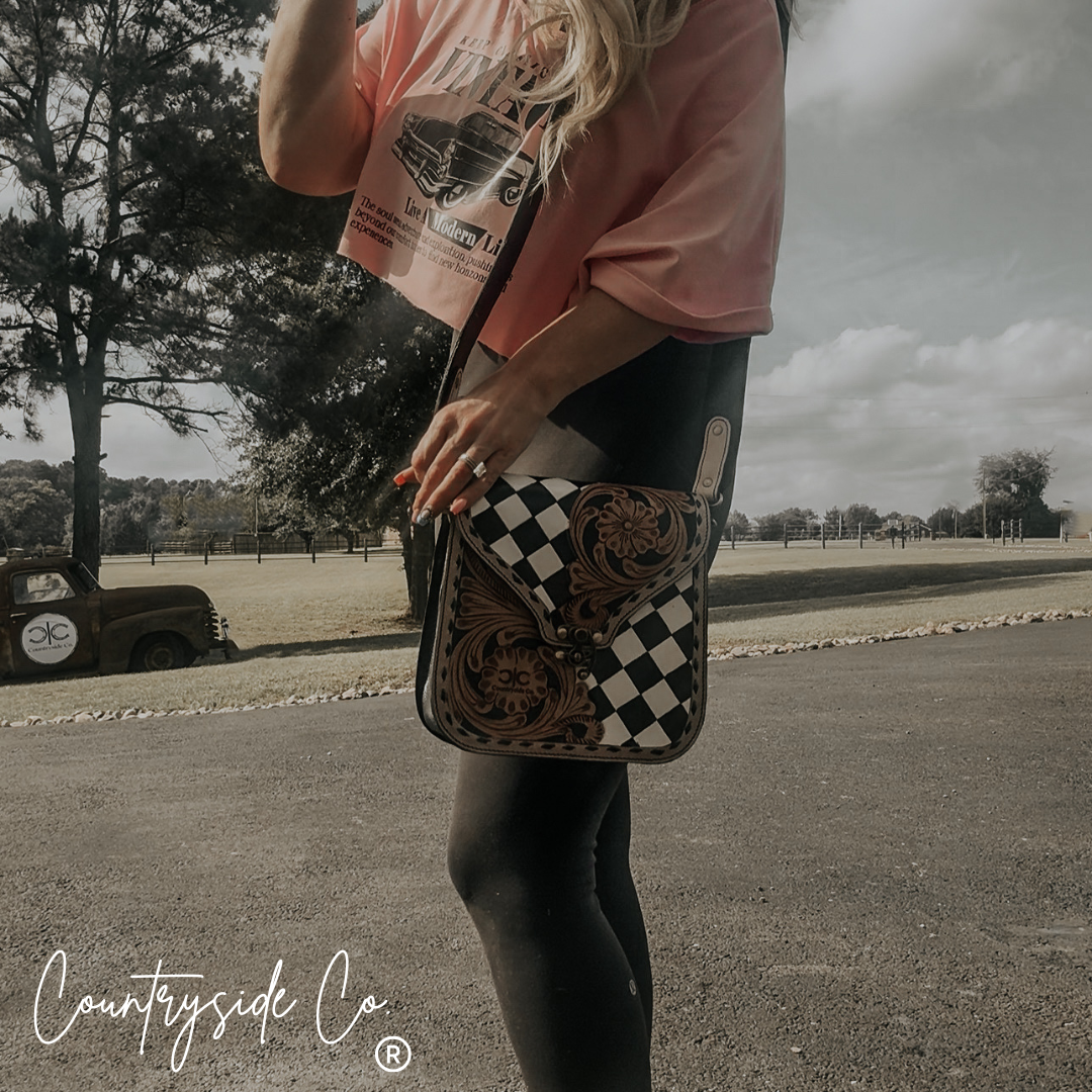 Melrose Tooled Leather Checkered Handbag