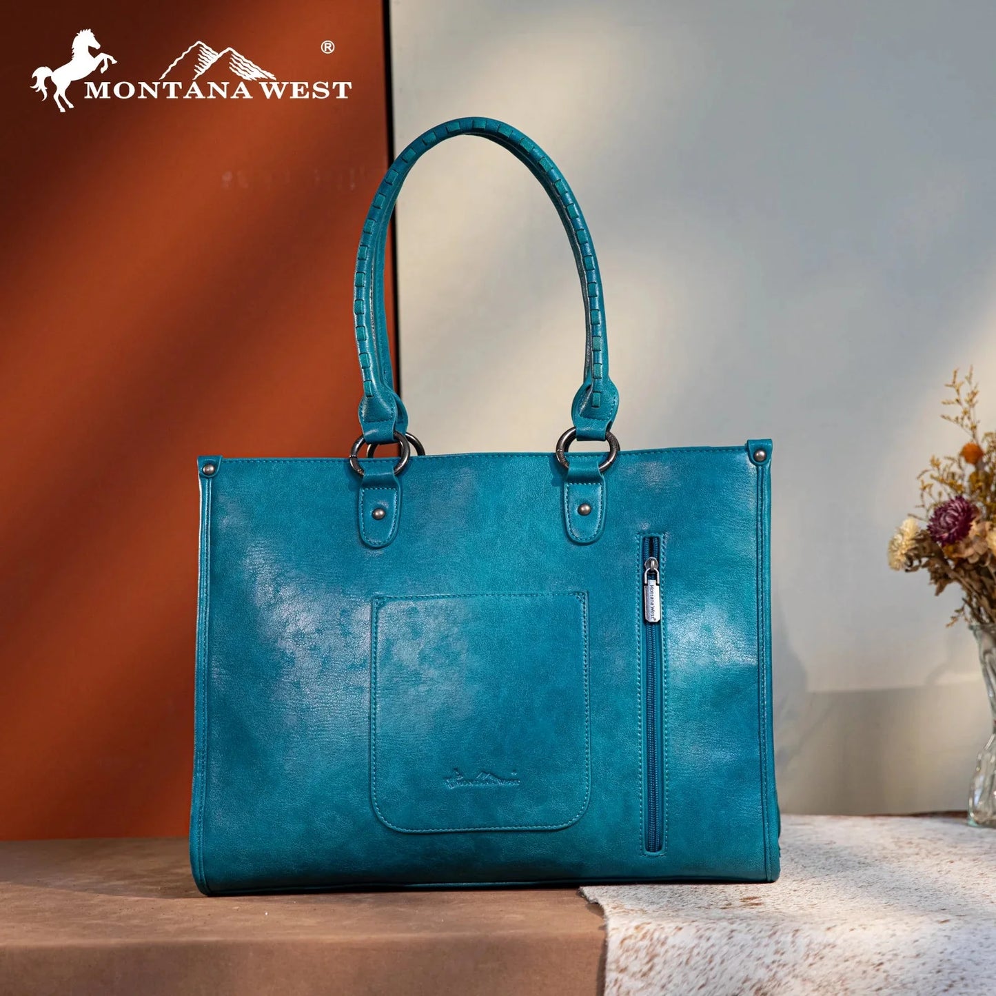 Montana West Western Tool Fringe Concealed Carry Wide Tote — Suede-Look PU Leather with Floral Tooling & Fringe