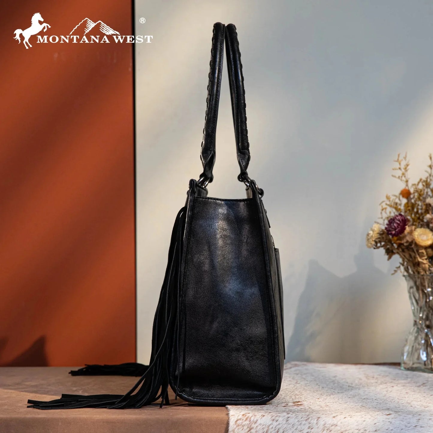 Montana West Western Tool Fringe Concealed Carry Wide Tote — Suede-Look PU Leather with Floral Tooling & Fringe