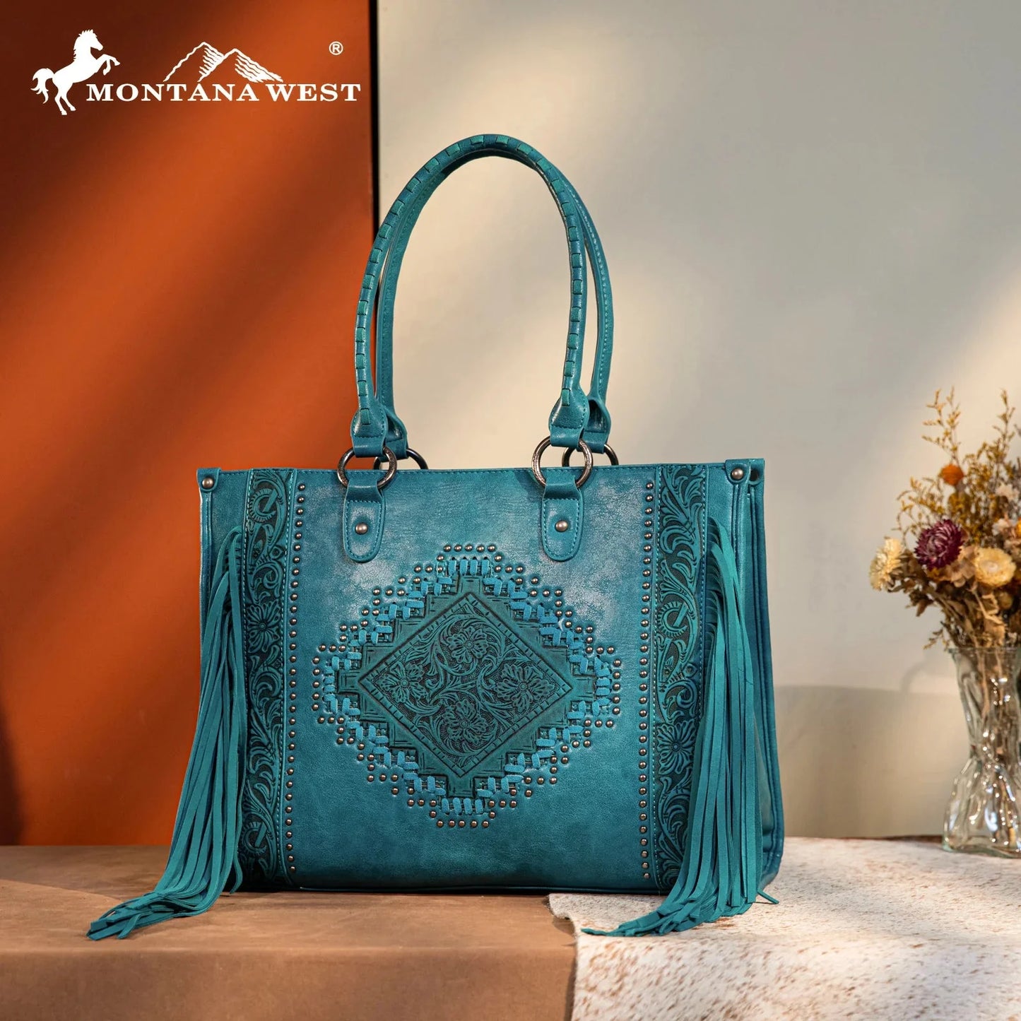 Montana West Western Tool Fringe Concealed Carry Wide Tote — Suede-Look PU Leather with Floral Tooling & Fringe