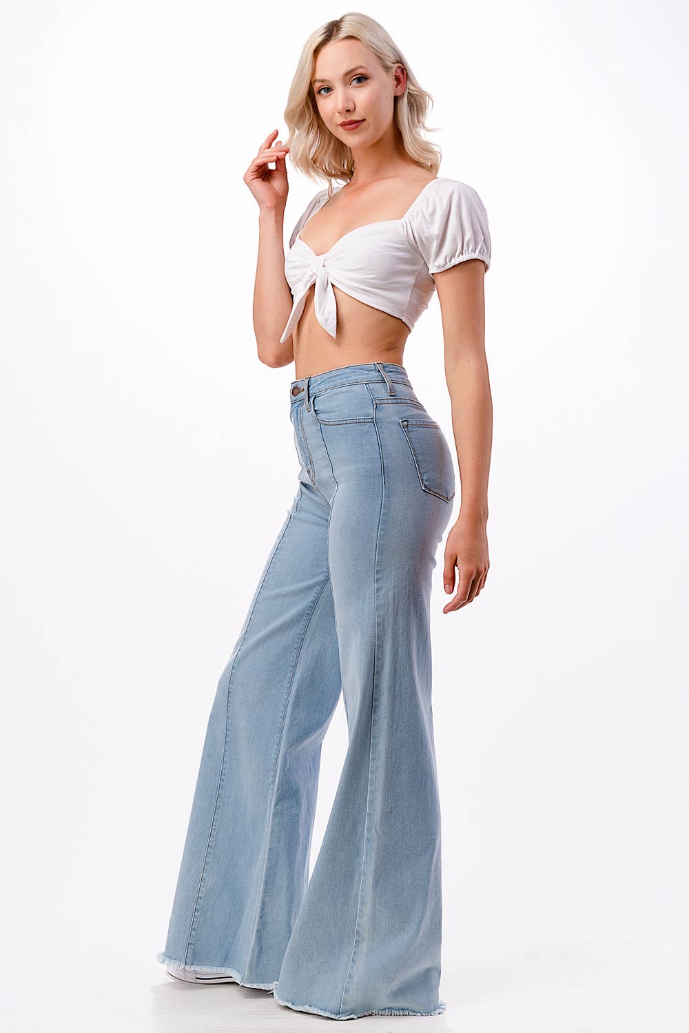 O2 Denim Front Seam Wide-Leg Western Jeans — Light Wash Mid-Rise Flare with Raw Hem & Front Seam Detail - size 30 remains