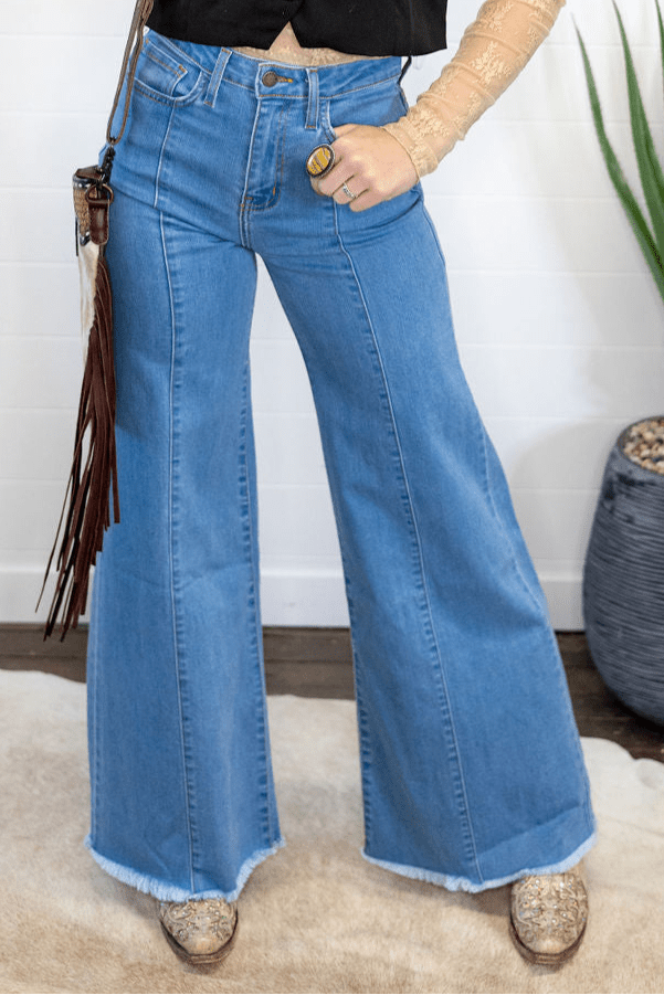 O2 Denim Front Seam Wide-Leg Western Jeans — Light Wash Mid-Rise Flare with Raw Hem & Front Seam Detail - size 30 remains
