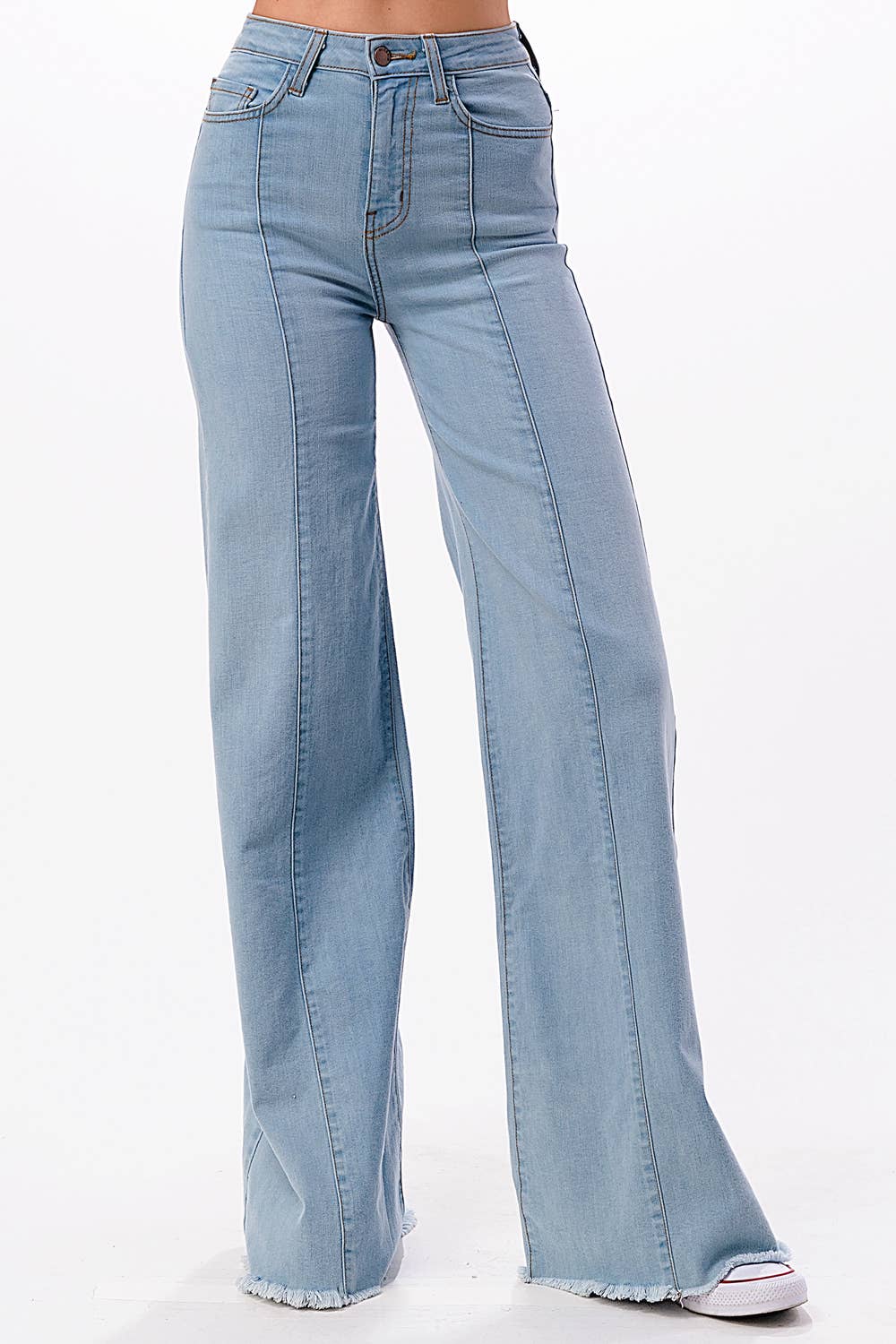 O2 Denim Front Seam Wide-Leg Western Jeans — Light Wash Mid-Rise Flare with Raw Hem & Front Seam Detail - size 30 remains