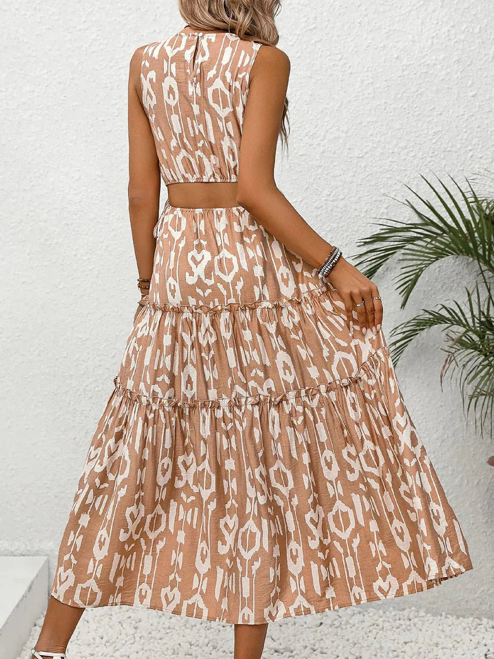 Perfee Frill Cutout Printed Round Neck Cotton Sleeveless Dress