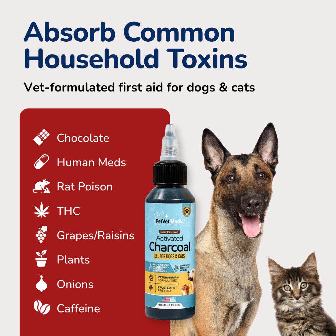 Pet Vet Activated Charcoal Gel for Dogs & Cats (60 mL) – Veterinary-Formulated, Natural Beef Flavor, Fast Toxin Adsorption for Poisoning, Stomach Upset, Diarrhea & Gas Relief – Made in USA