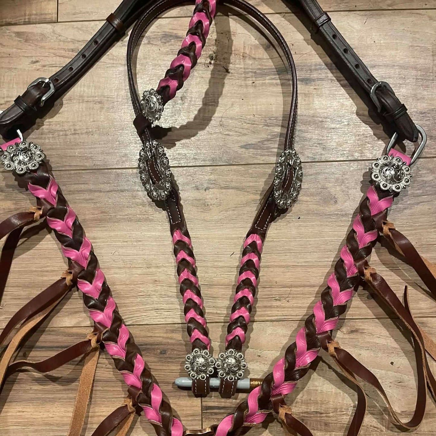 Ready to ship Western Tack Set - Pink Braided Leather with Fringe (BHT021)