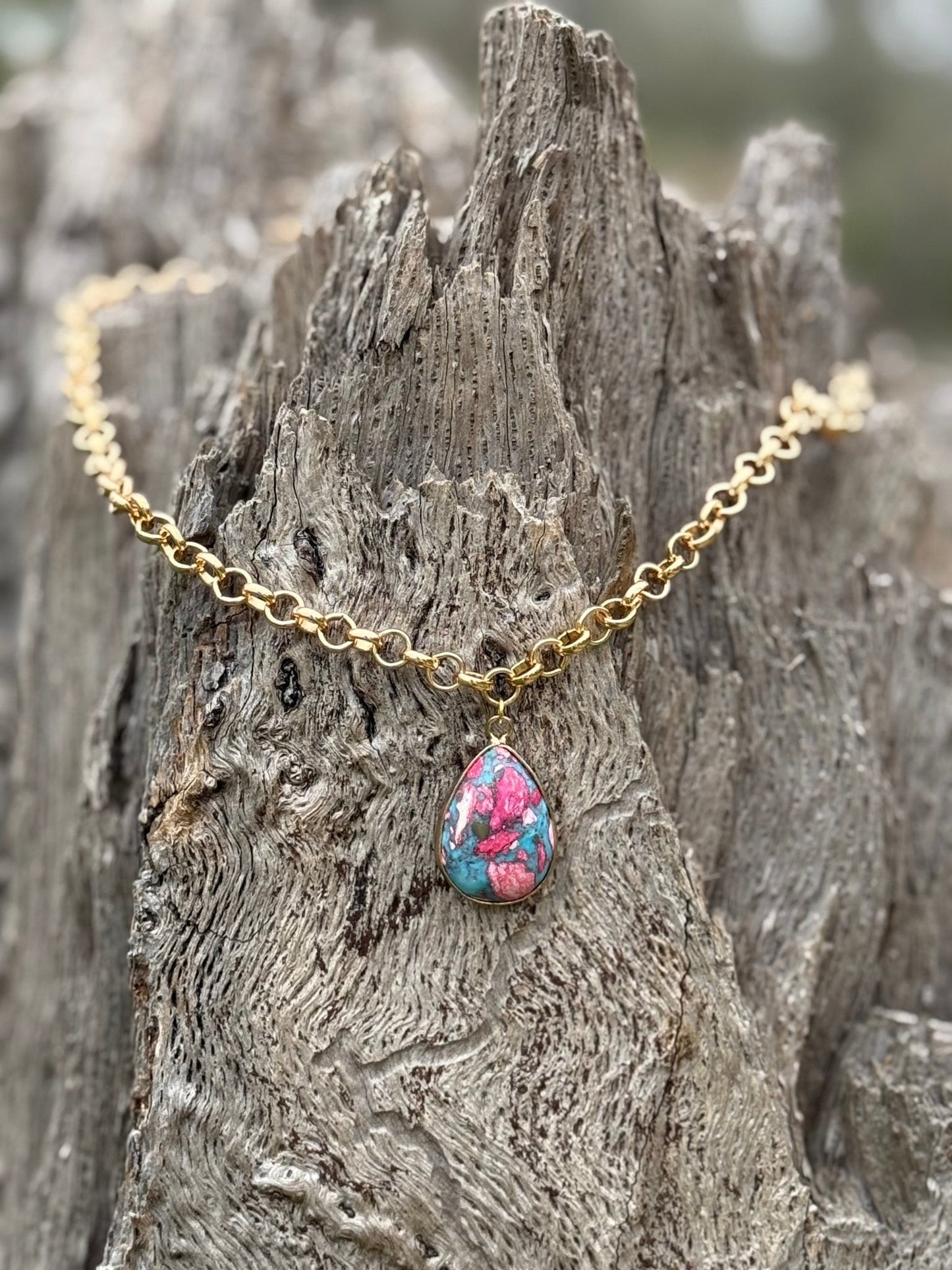 Pink Dahlia Teardrop Gold Chain Necklace