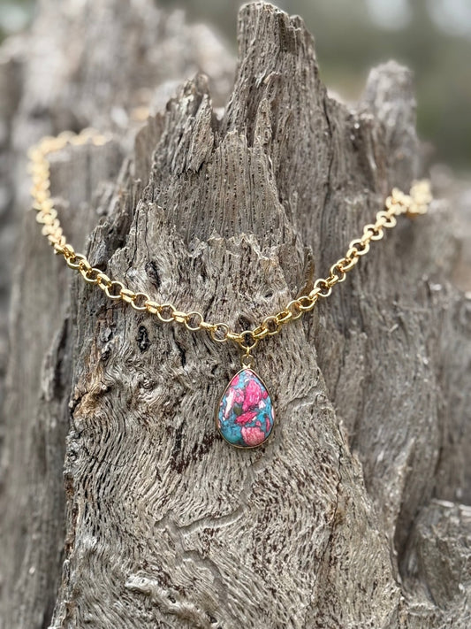 Pink Dahlia Teardrop Gold Chain Necklace