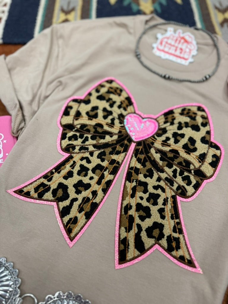 Pink Heart Leopard Sequin Bow Patch Tee