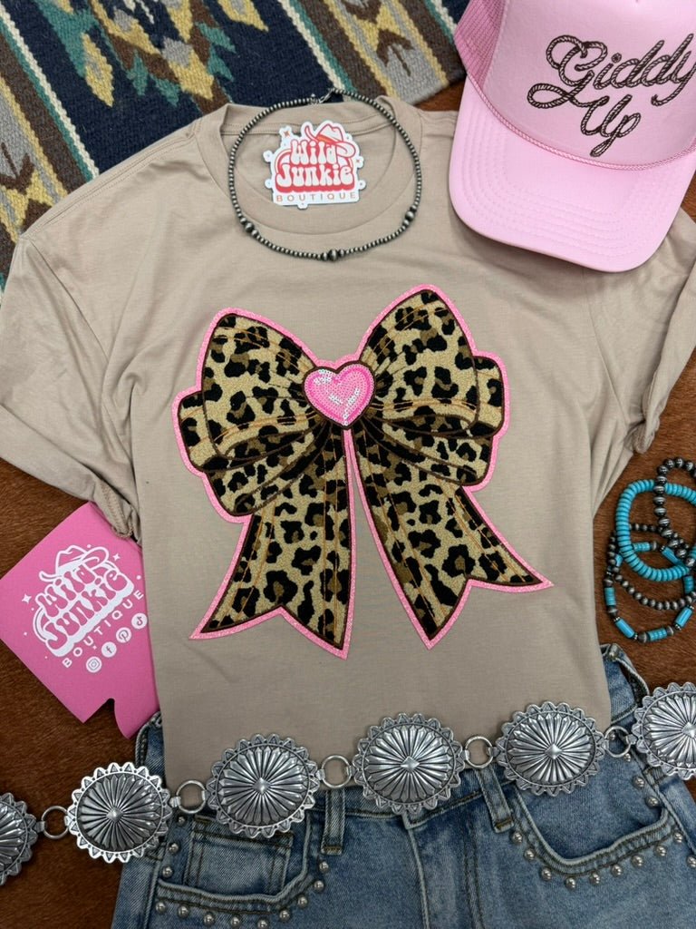 Pink Heart Leopard Sequin Bow Patch Tee