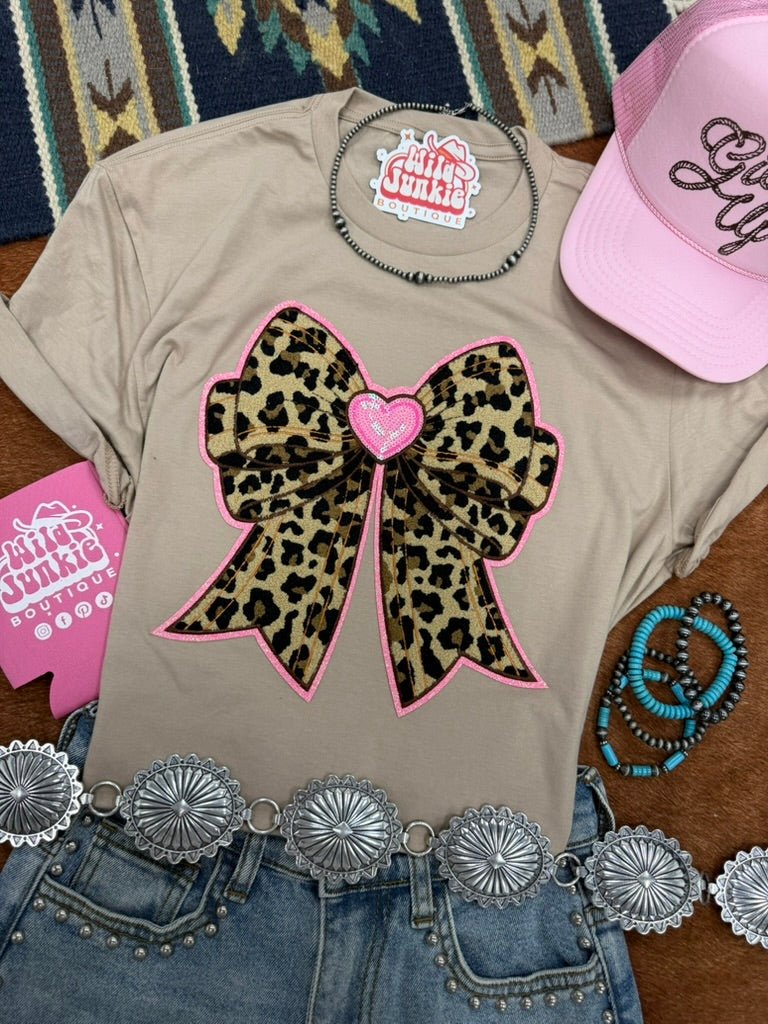 Pink Heart Leopard Sequin Bow Patch Tee
