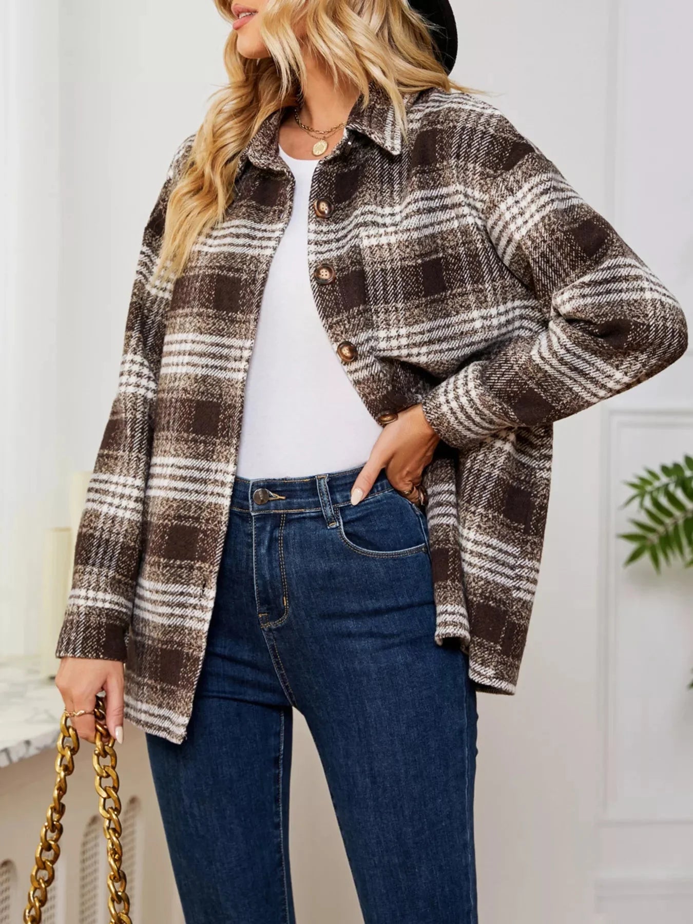 Plaid Button Up Long Sleeve Shacket