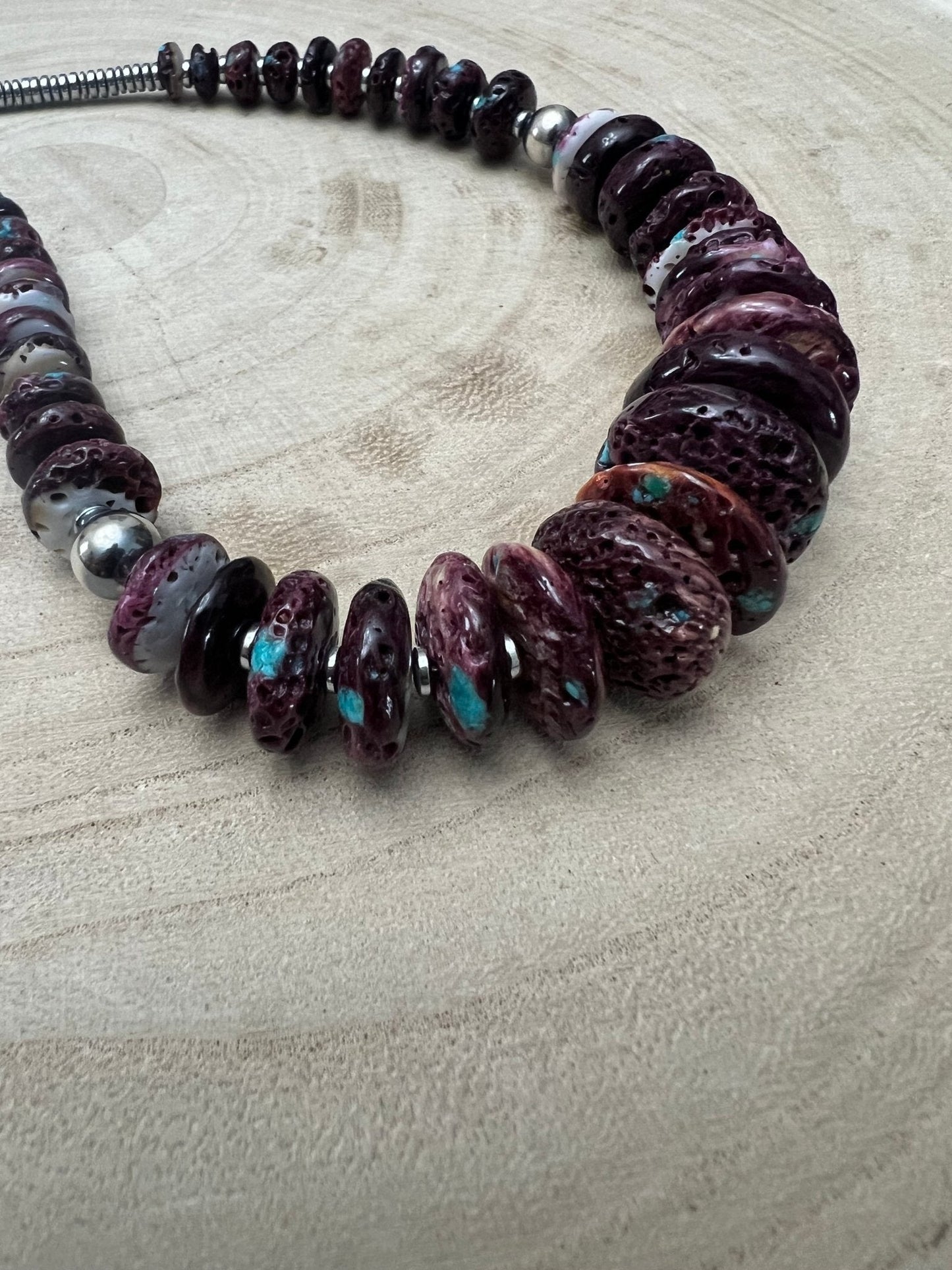 Purple Spiny Oyster & Turquoise Graduated Necklace with Hematite — 23 inch