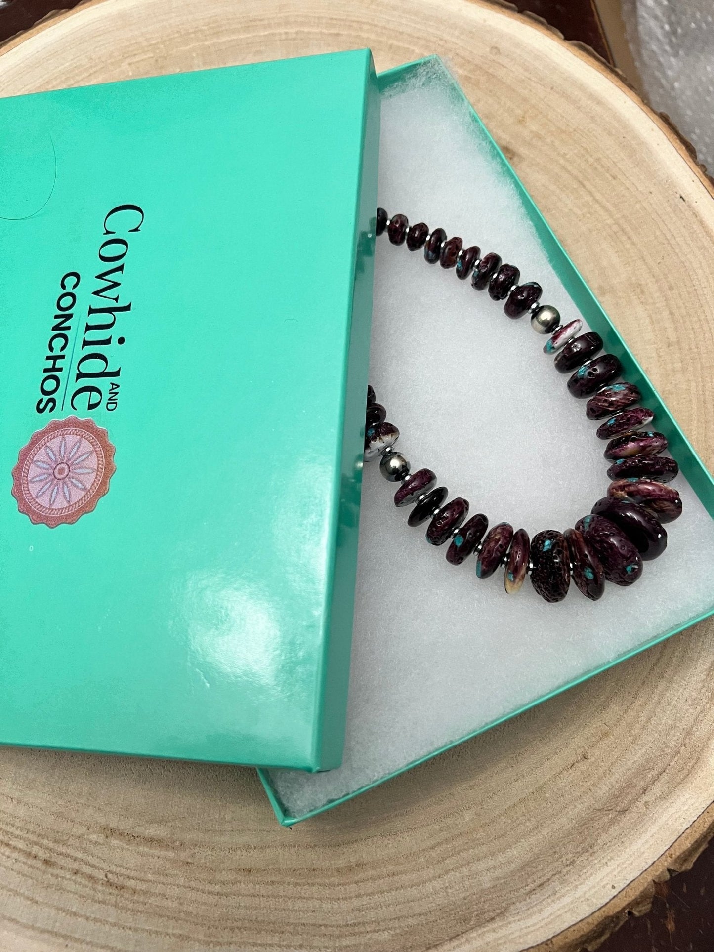 Purple Spiny Oyster & Turquoise Graduated Necklace with Hematite — 23 inch