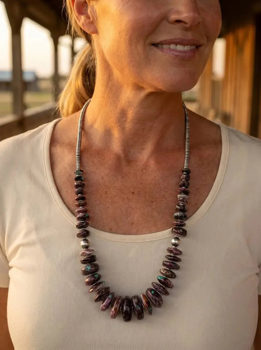 Purple Spiny Oyster & Turquoise Graduated Necklace with Hematite — 23 inch