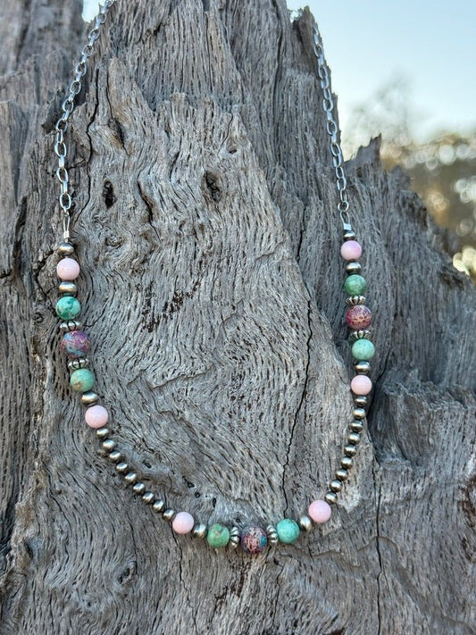 Queen Conch and Round Turquoise Mosaic Beaded Necklace