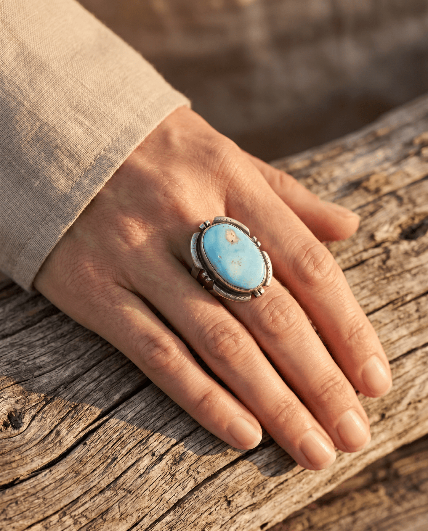 Randy Billy Navajo Sterling Silver Ring with Golden Hills Turquoise — Size 9 (Hallmark RB + Sterling)
