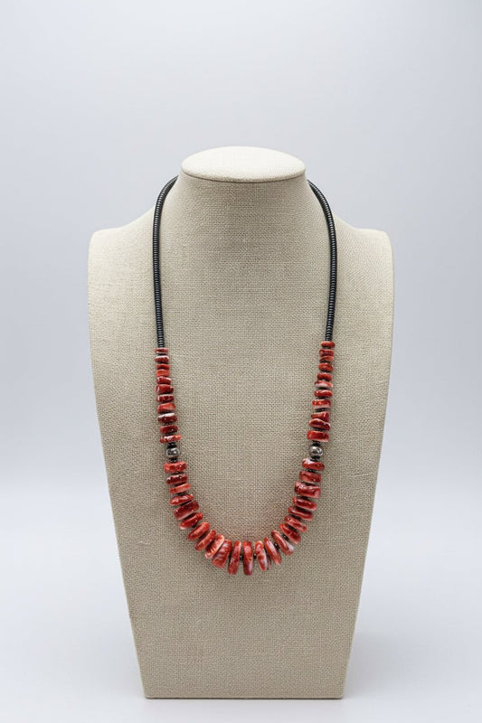 Red Spiny Oyster & Black Hematite Necklace – 23.5 inch