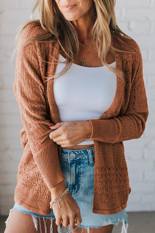 Redwood Burl Mix Pattern Hollow Knit Open Front Cardigan