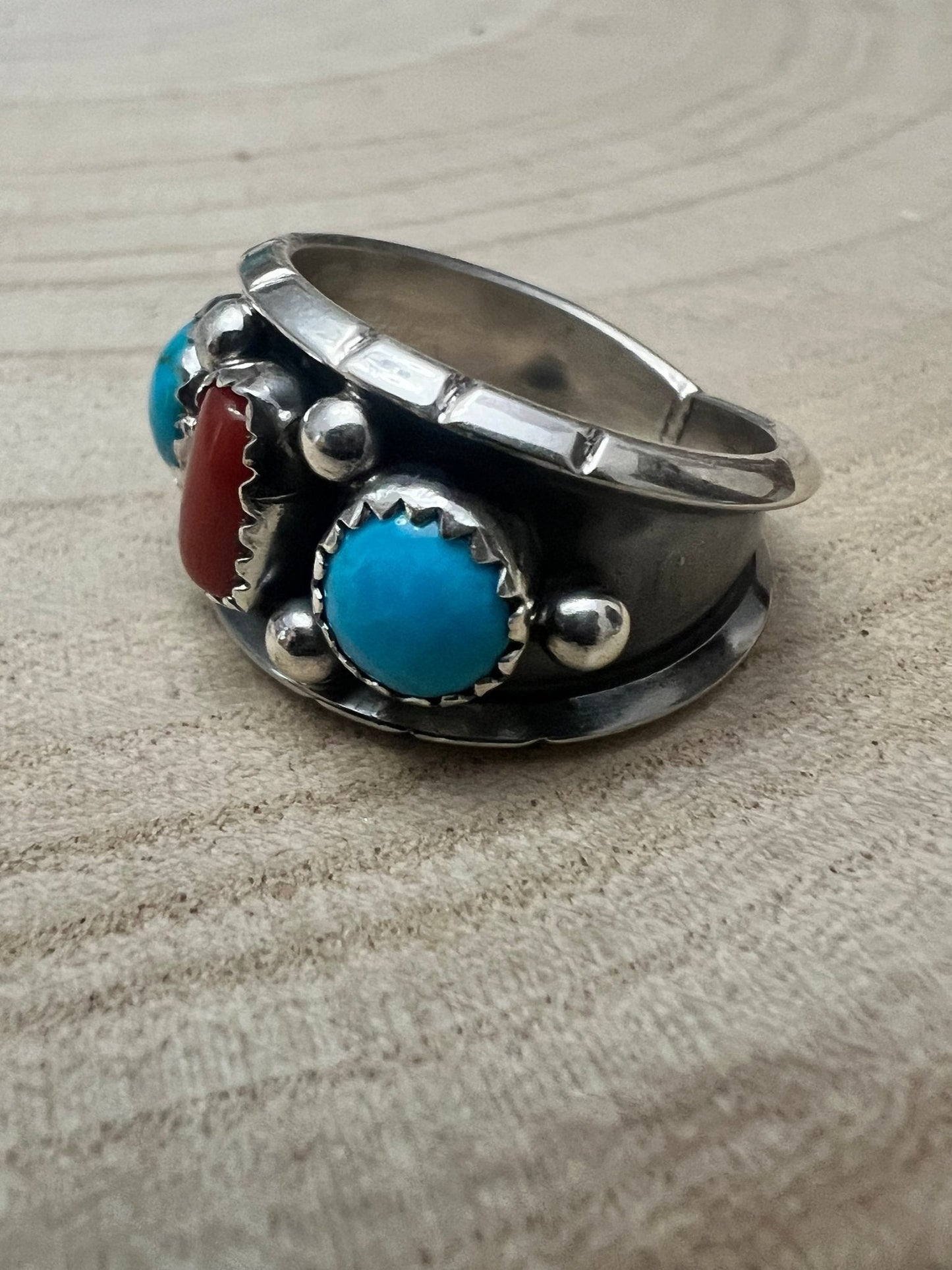 Reed Charley Navajo Kingman Turquoise & Coral Sterling Silver Ring