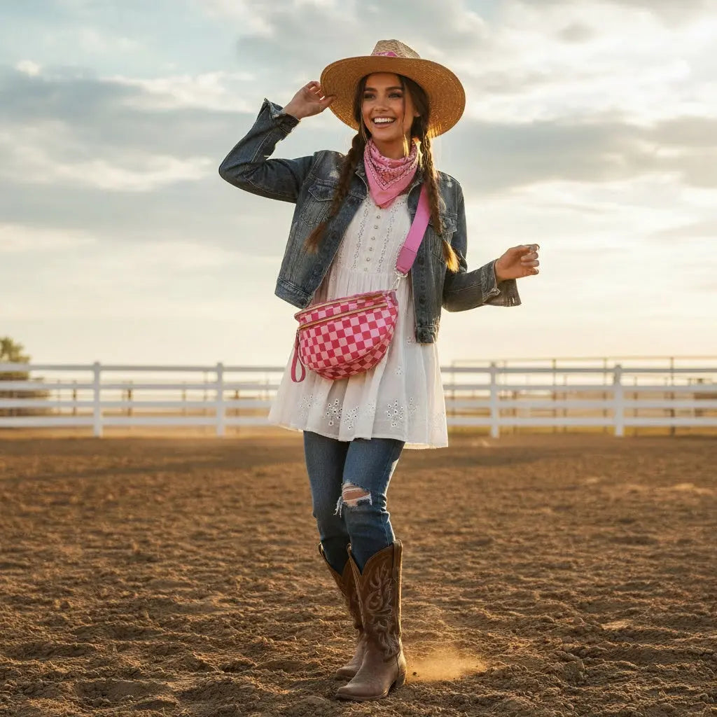 Pink Check Buckle Bunny Crossbody Crescent Bag