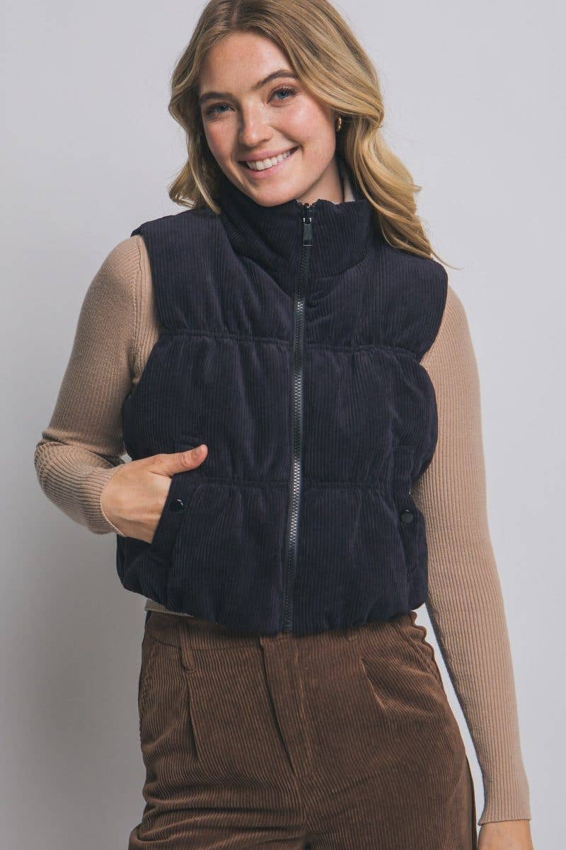 Vanilla Monkey Reversible Cropped Corduroy Puffer Western Vest — Two-Sided Designs with Zip-Up Closure (black available)