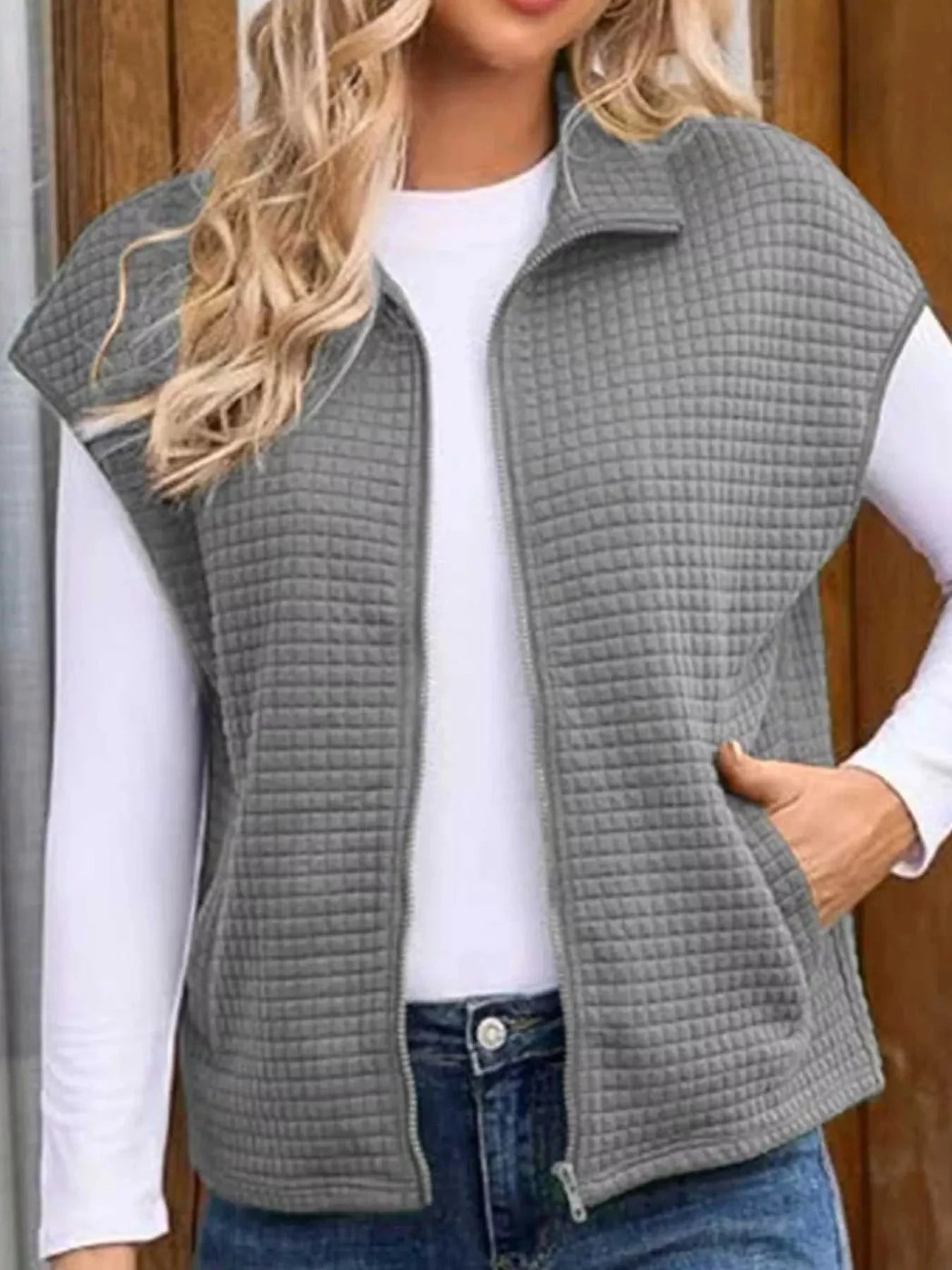 Ribbed Texture Lightweight Zip-Up Vest Coat - 3 Color Options