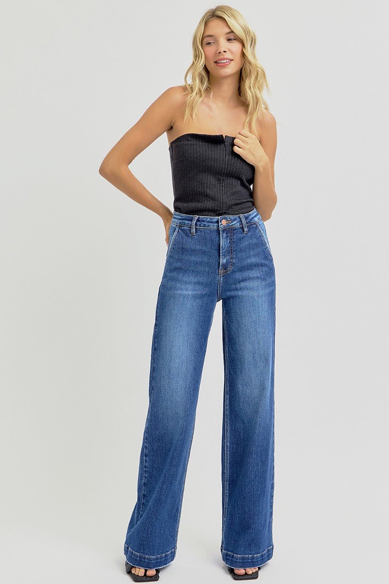 Risen High-Rise Wide-Leg Slanted Pocket Western Jeans — Dark Wash Rugged Style with Back Patch Pocket (Size 0, 5, 9, 13 and 15)