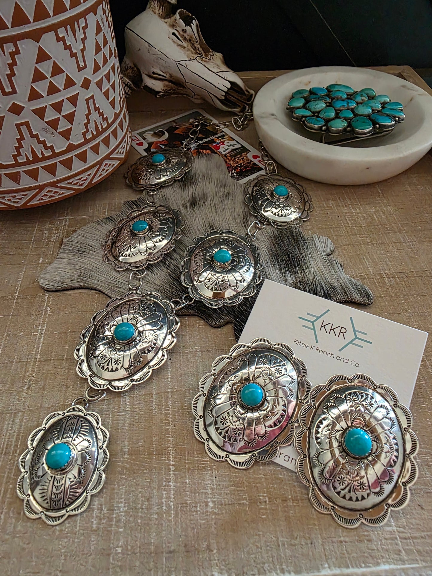 JIMMIE JAMES JR TURQUOISE CONCHO LARIAT NECKLACE SET