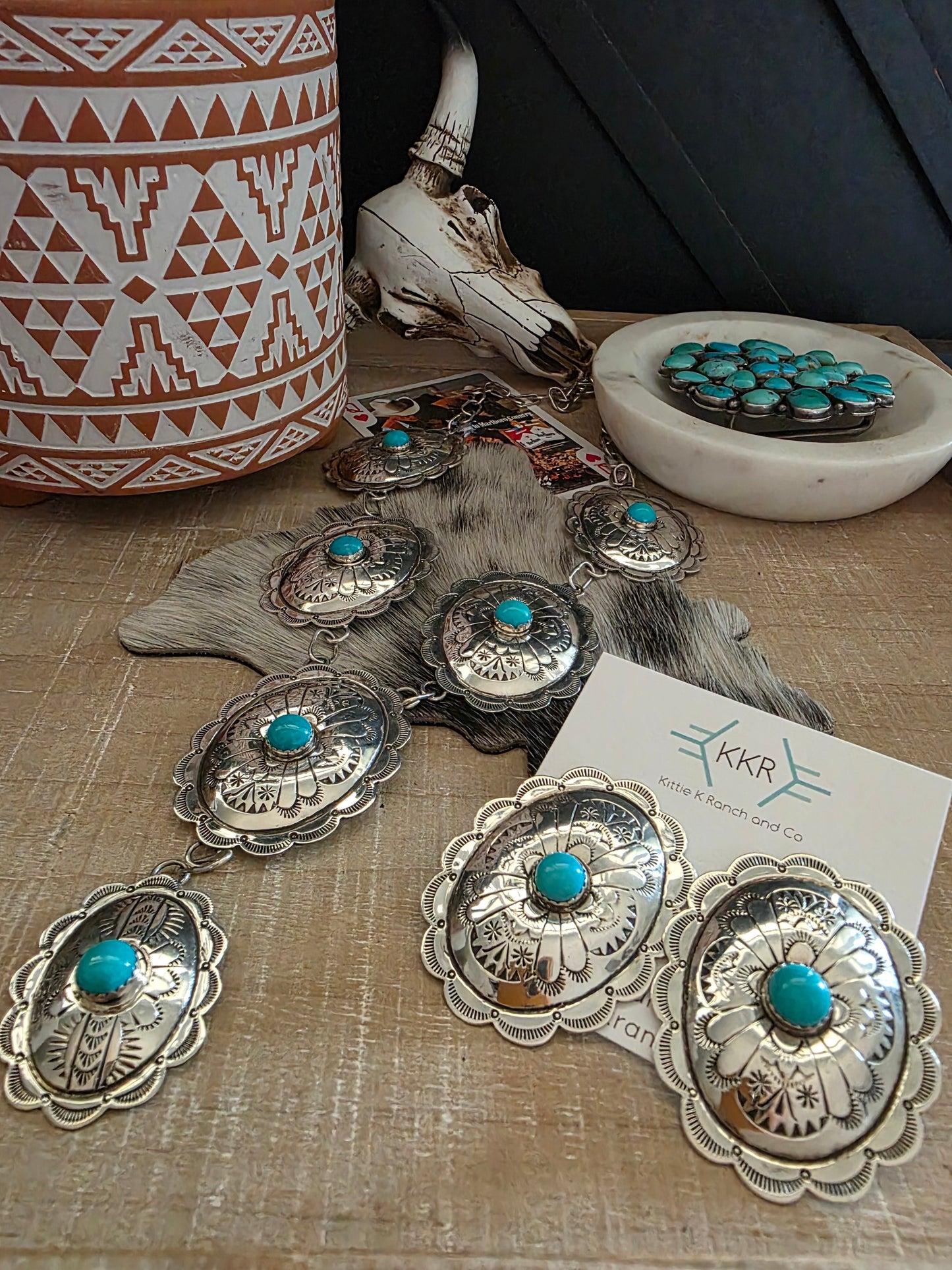 JIMMIE JAMES JR TURQUOISE CONCHO LARIAT NECKLACE SET