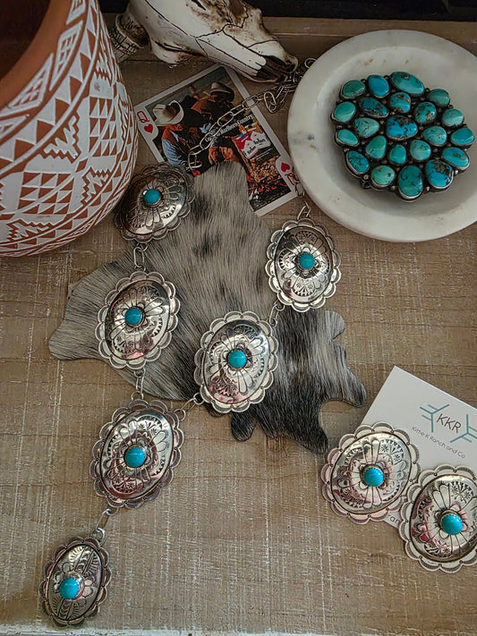 JIMMIE JAMES JR TURQUOISE CONCHO LARIAT NECKLACE SET