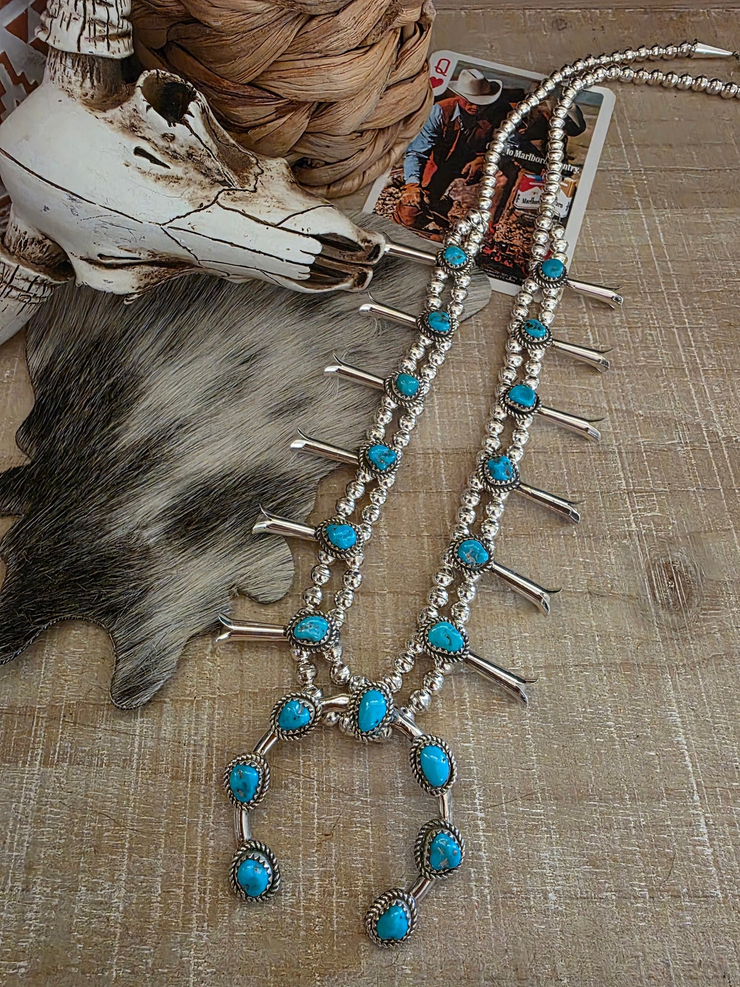 RITA DAWES SLEEPING BEAUTY TURQUOISE SQUASH BLOSSOM NECKLACE SET