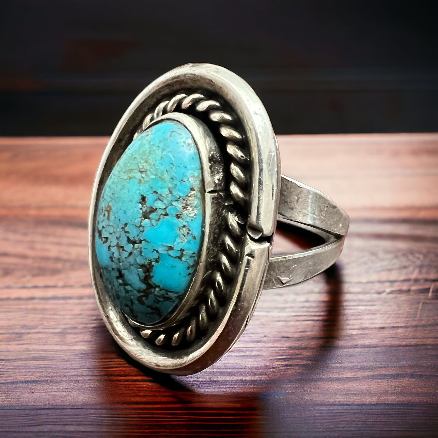 Vintage Sterling Silver Turquoise Ring with Shadowbox & Rope Back — Size 8 (Native-Style)