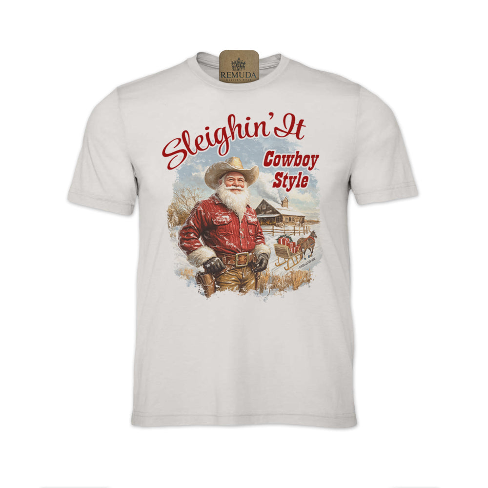 Sleighin It Cowboy Style - Adult Unisex Christmas Western Santa Tee T-Shirt