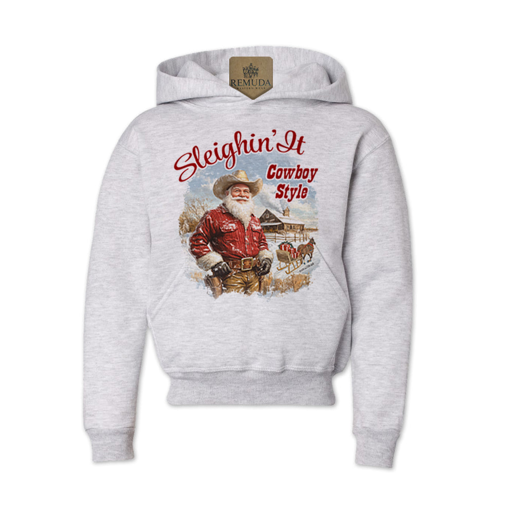 Sleighin It Cowboy Style - Youth Western Santa Pullover Hoodie