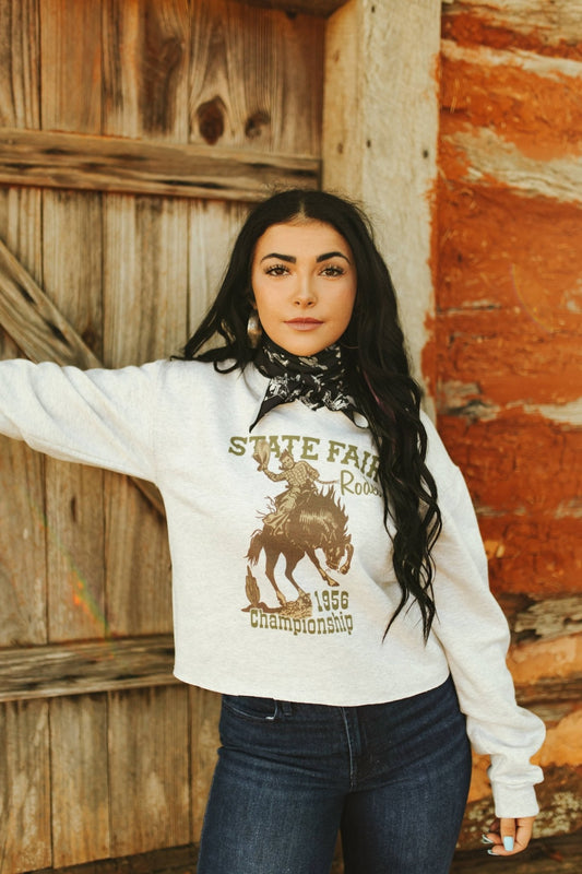 State Fair Rodeo Raw Hem V-Neck Crop Graphic