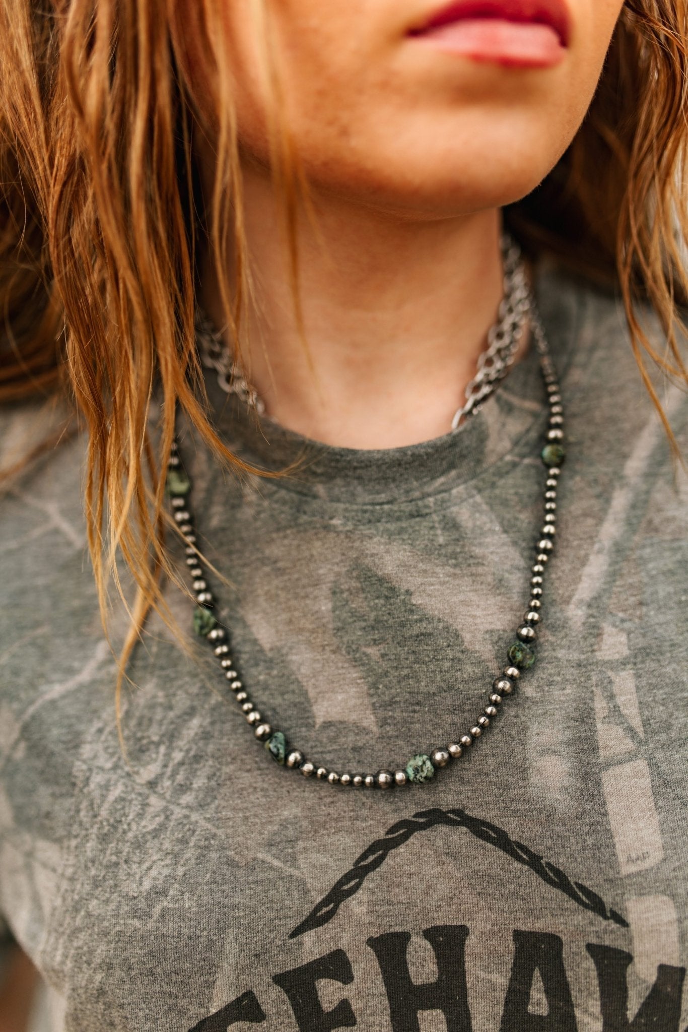 Silver Beads Turquoise Flats Beaded Necklace