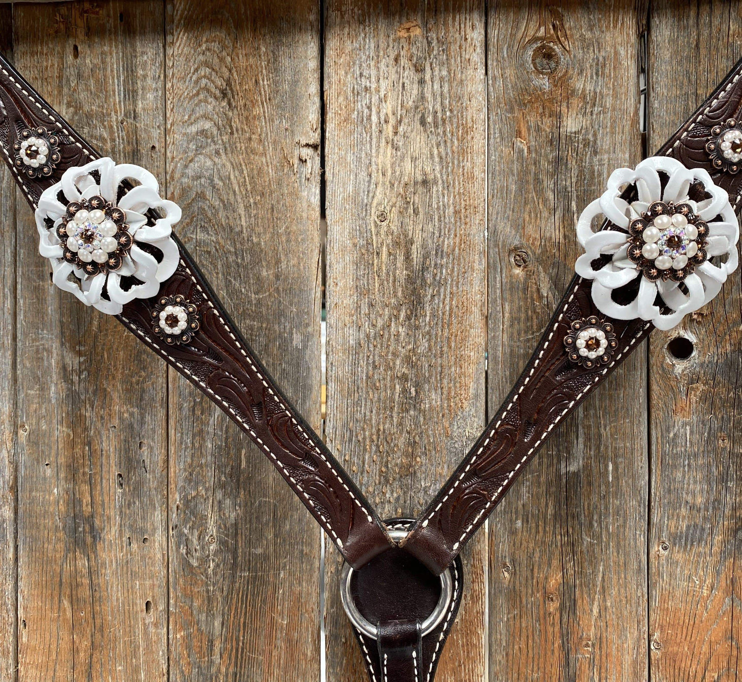 Dark Oil Breastcollar - White Flowers & European Crystal Conchos #BC241