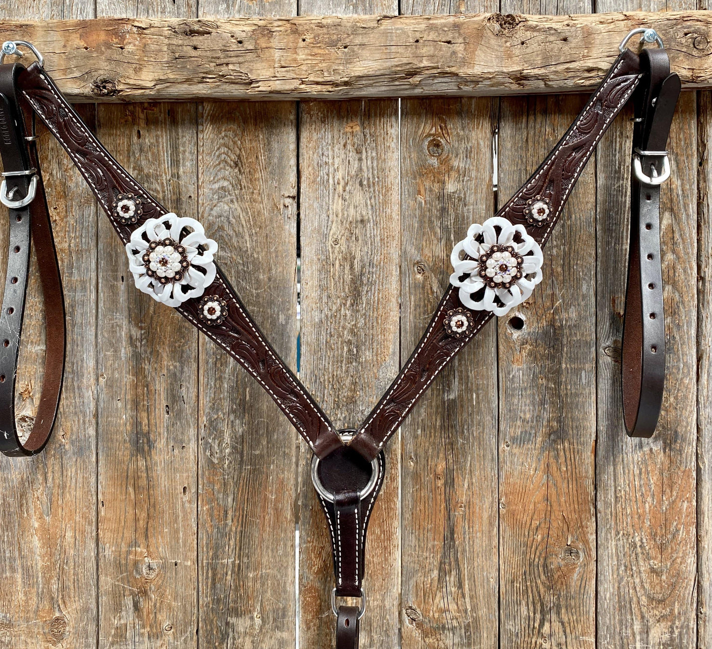 Dark Oil Breastcollar - White Flowers & European Crystal Conchos #BC241