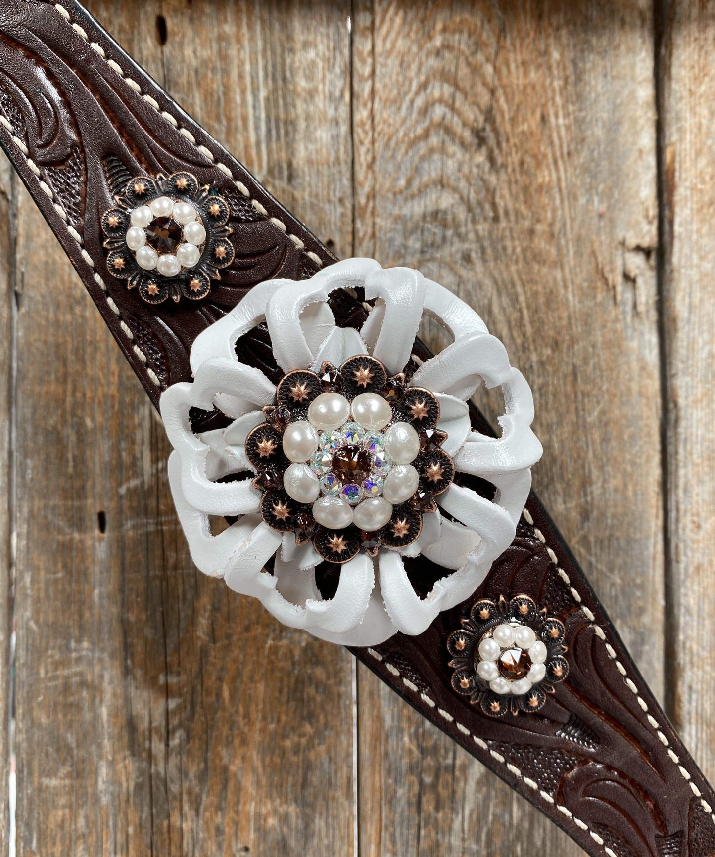 Dark Oil Breastcollar - White Flowers & European Crystal Conchos #BC241